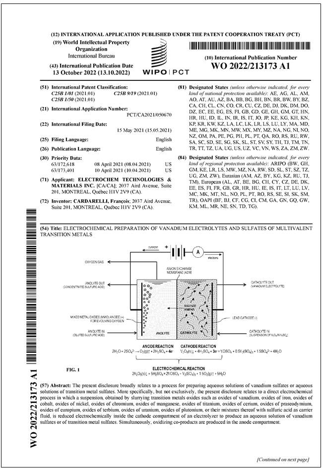WO 2022/213173 A1 - Electrochem Technologies & Materials Inc.
